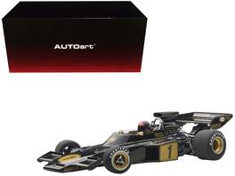 Lotus 72E 1973 Emerson Fittipaldi #1 with Driver Figure in Cockpit 1/18 Model Car by Autoart - Black With Gold