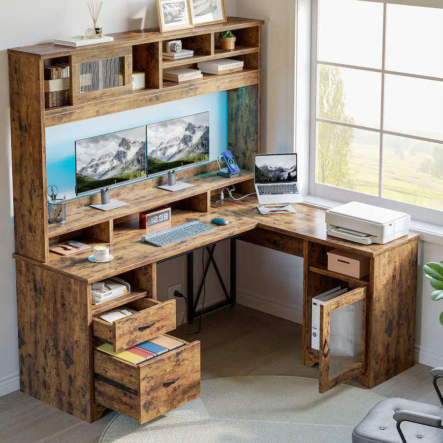Bestier 63 inch Hutch L Shaped Desk with Monitor Stand & Drawers, LED ...