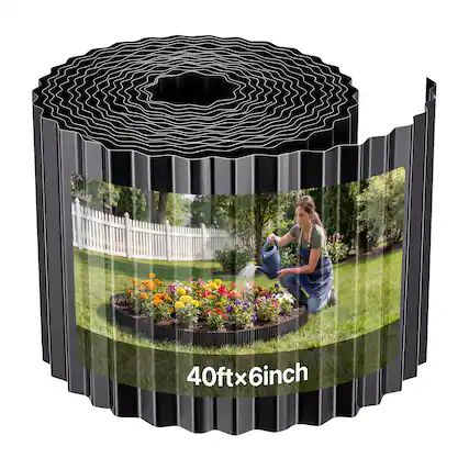 Front. VEVOR - Galvanized Steel Landscape Edging, 40 ft x 6 in Metal Edging for Landscaping with Gloves, Easy-to-Install Bendable - Black.