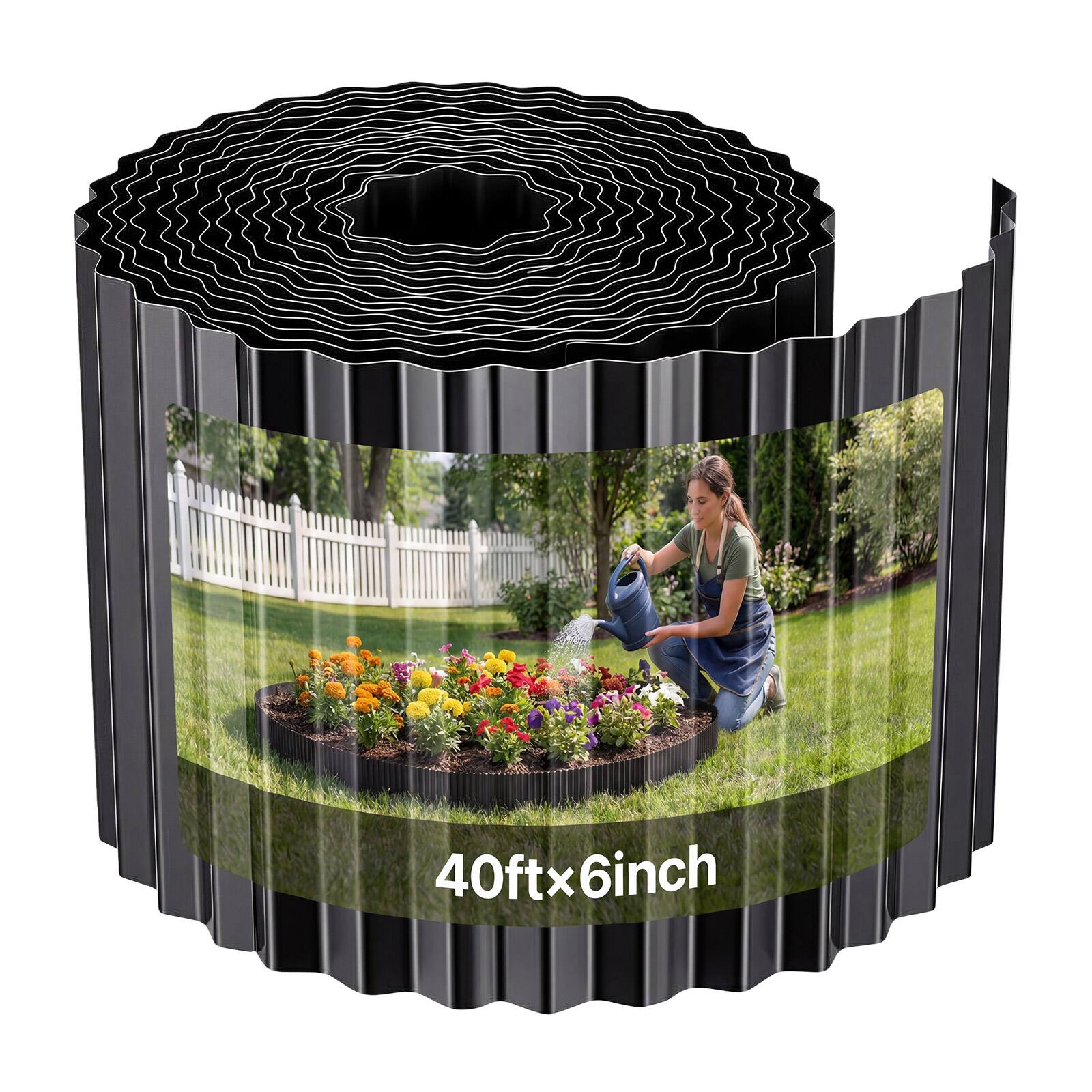Front. VEVOR - Galvanized Steel Landscape Edging, 40 ft x 6 in Metal Edging for Landscaping with Gloves, Easy-to-Install Bendable - Black.