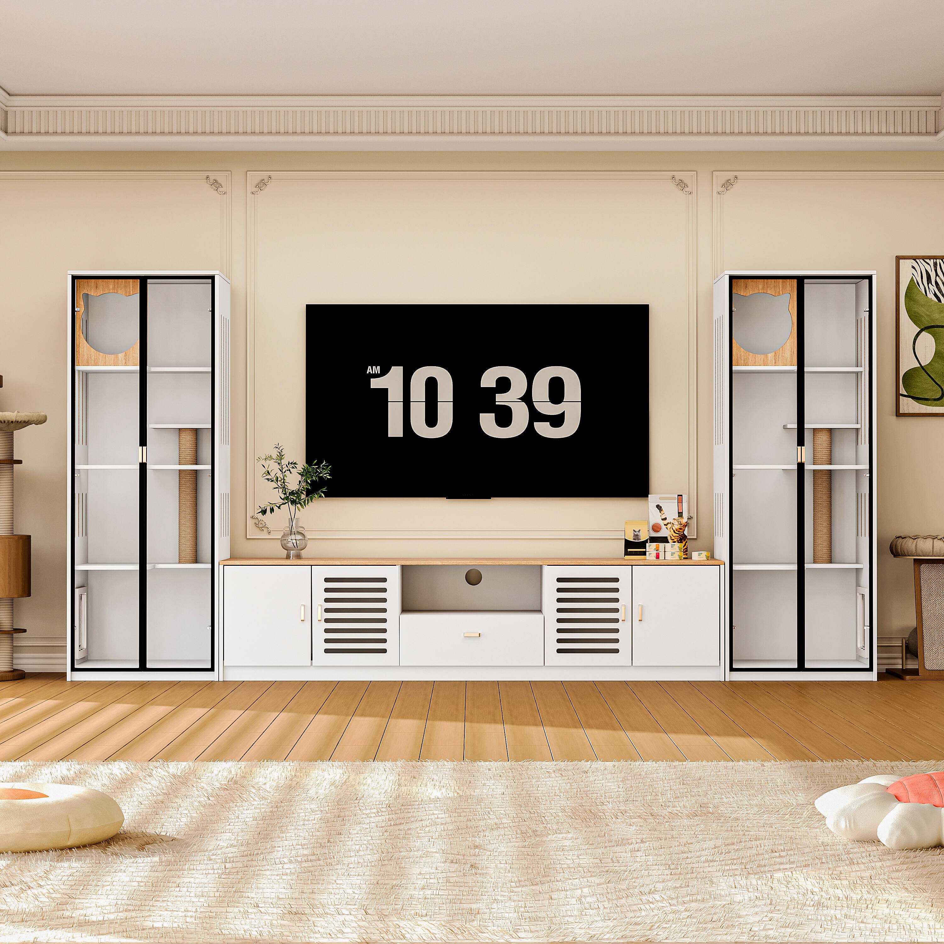 Alt View 2. MSOOB - 118" Entertainment Center, Hidden Furniture Style Cat Litter Box Enclosure, Included TV Stand and Glass Cat House - White.