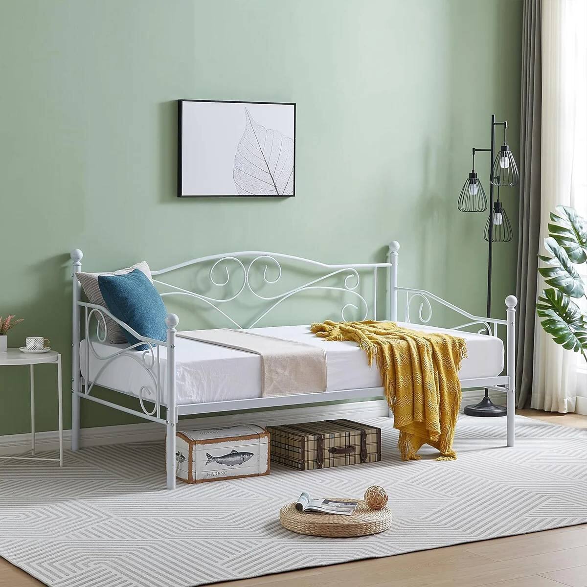 Left. SlickBlue - Durable Steel Day Bed Frame – Classic Metal Finish for Long-Lasting Support - White.