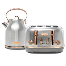Haden - Heritage 4 Slice Wide Slot Toaster & Electric Water Kettle, Steel & Copper - Steel/Copper