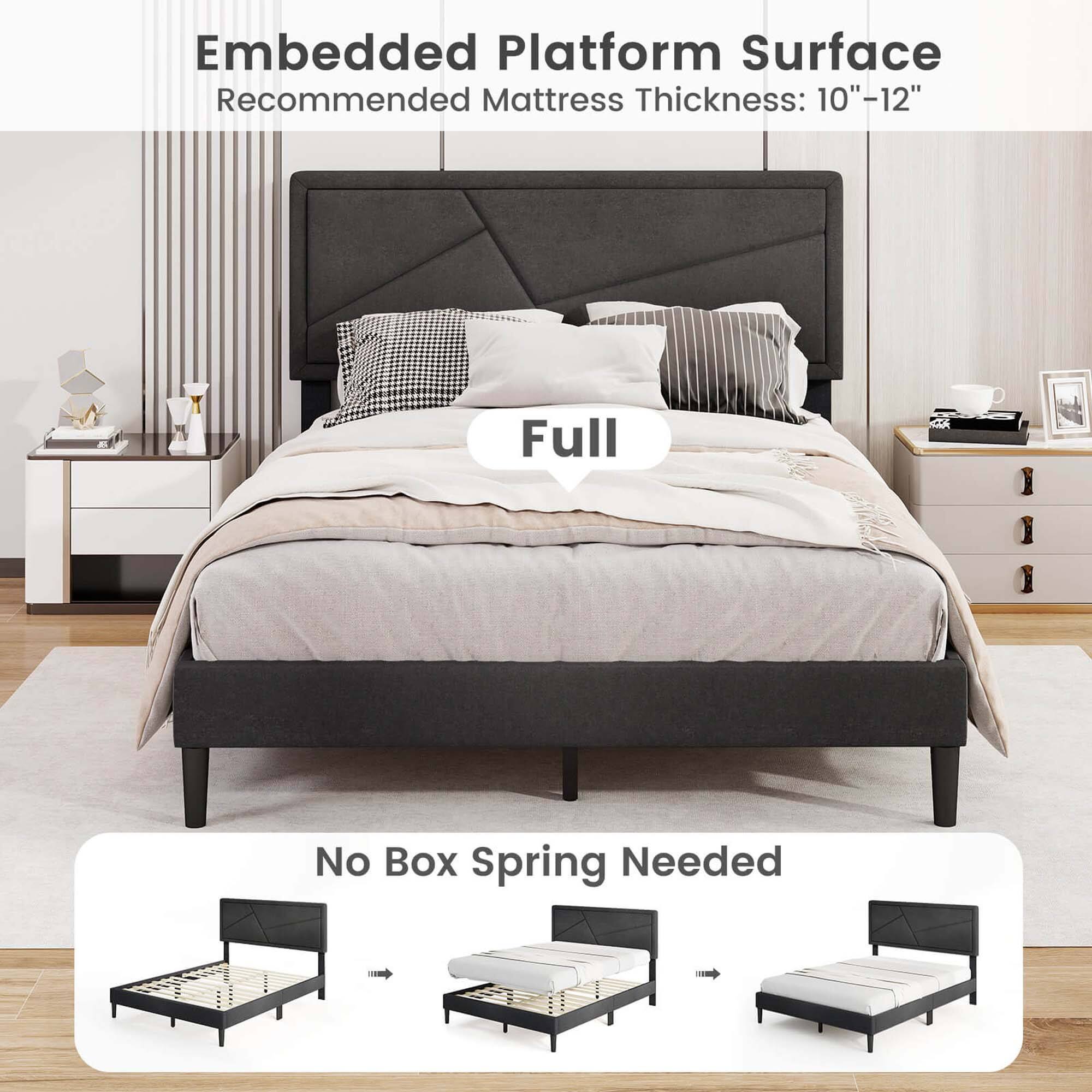 Embedded Platform Surface Recommended Mattress Thickness: 10"-12" Full CA No Box Spring Needed