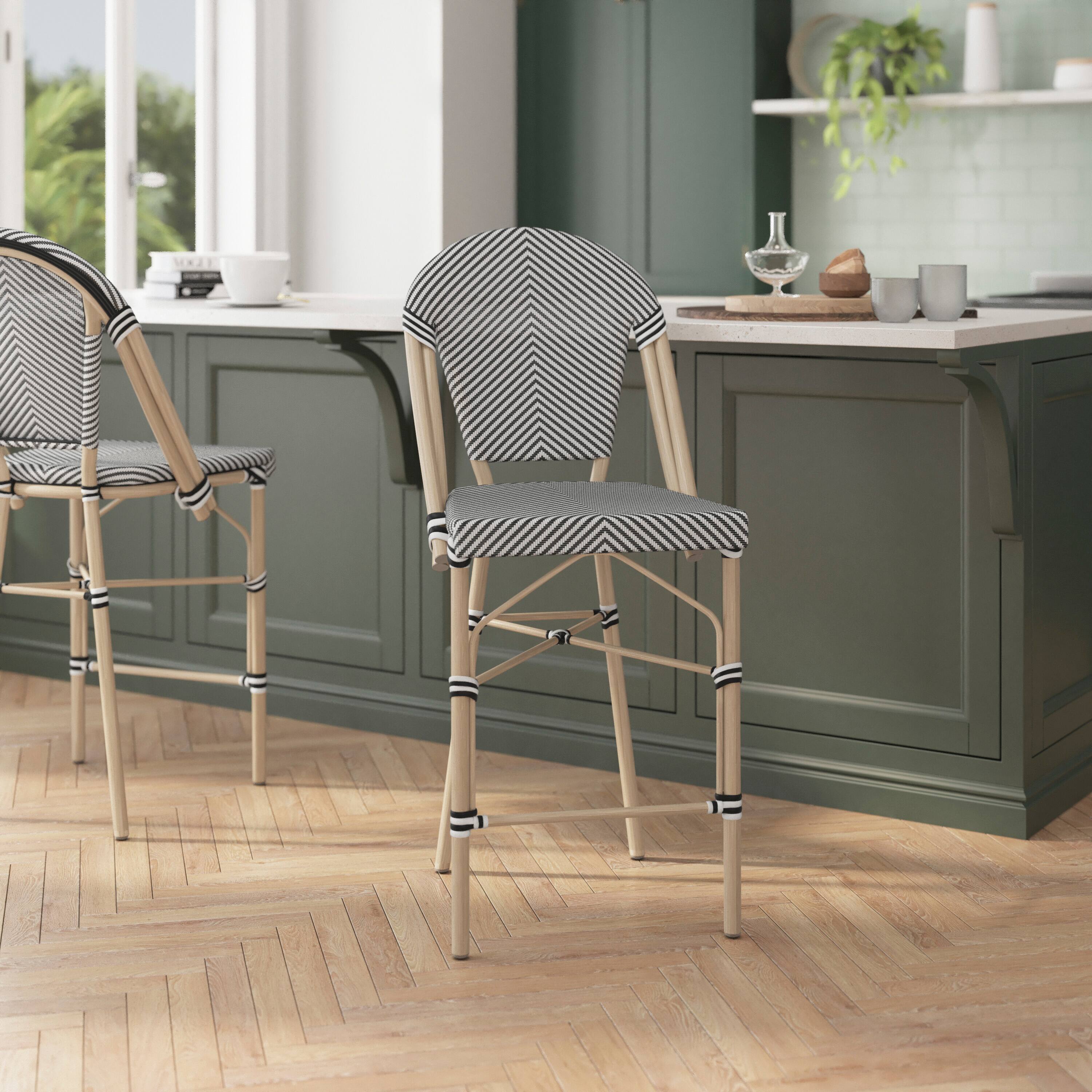 Alt View 4. Emma + Oliver - Massalia Indoor/Outdoor Bistro Style Counter Stools with Textilene Seat and Metal Frame - Black & White/Light Natural Frame.