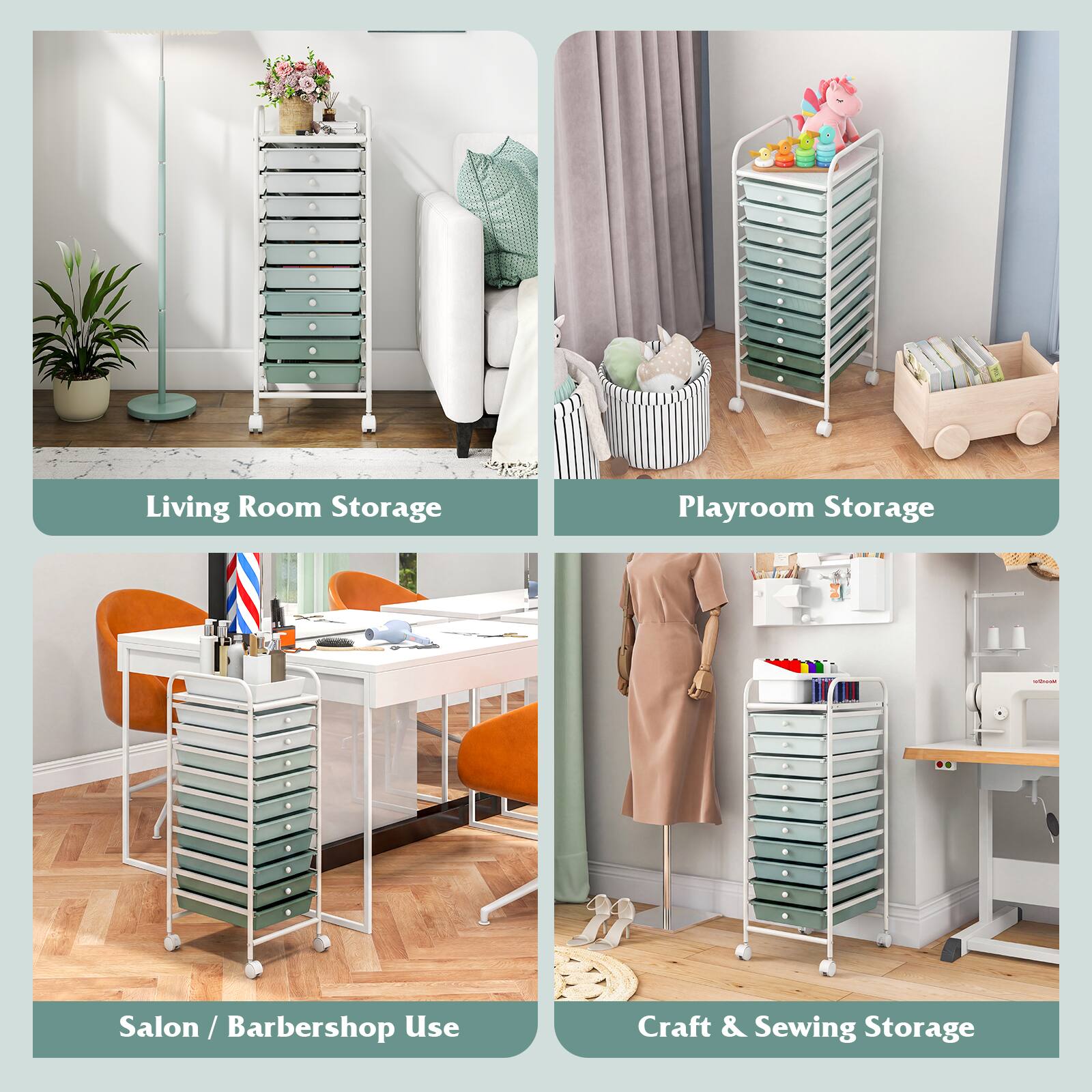 Living Room Storage  
Playroom Storage  
Salon / Barbershop Use  
Craft & Sewing Storage