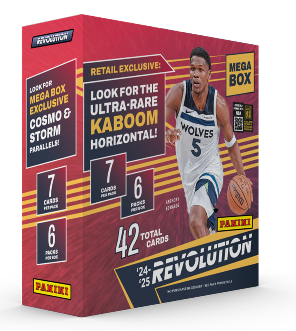 REVOLUTION RETAIL EXCLUSIVE: MEGA LOOK FOR THE ULTRA-RARE KABOOM! HORIZONTAL! LOOK FOR MEGA BOX EXCLUSIVE & COSMO STORM PARALLELS! 7 CARDS PER PACK 7 6 PACKS PER BOX 42 TOTAL CARDS ANTHONY EDWARDS WOLVES 5 6 PACKS PER BOX PANINI '24- '25 NO PURCHASE NECESSARY - SEE PACK FOR DETAILS