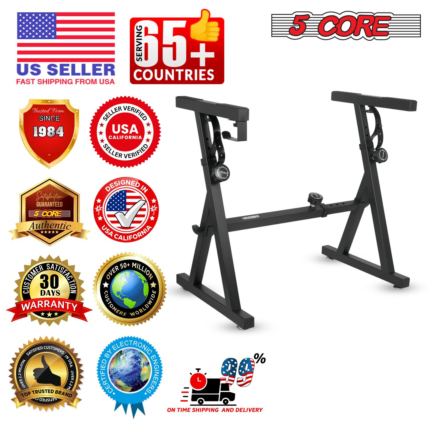 Sure, here is the corrected and grouped text from the image:

---

**US SELLER**  
FAST SHIPPING FROM USA

**SERVING 65+ COUNTRIES**

**5 CORE**

**TRUSTED SINCE 1984**

**SELLER VERIFIED**  
USA CALIFORNIA

**DESIGNED IN USA CALIFORNIA**

**SATISFACTION GUARANTEED**  
5 CORE Authentic

**30 DAYS WARRANTY**

**OVER 50+ MILLION CUSTOMERS WORLDWIDE**

**SATISFIED CUSTOMERS**  
TOP TRUSTED BRAND

**CERTIFIED BY ELECTRONIC ENGINEERS**

**ON TIME SHIPPING AND DELIVERY**

**% NOW FREE**

---

This text is organized to reflect the badges and information presented in the image.