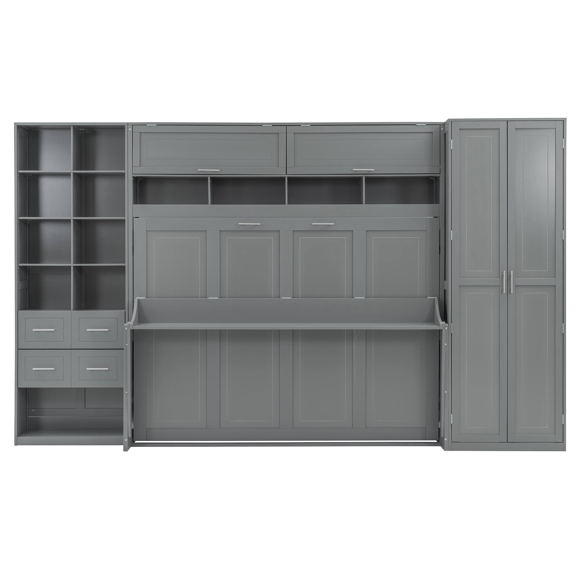 Left. Tiramisubest - Queen Size Murphy Bed with Closet, Drawers and Shelves, Gray, MDF+LVL, 151"x65"x91", 459 lbs - Gray.