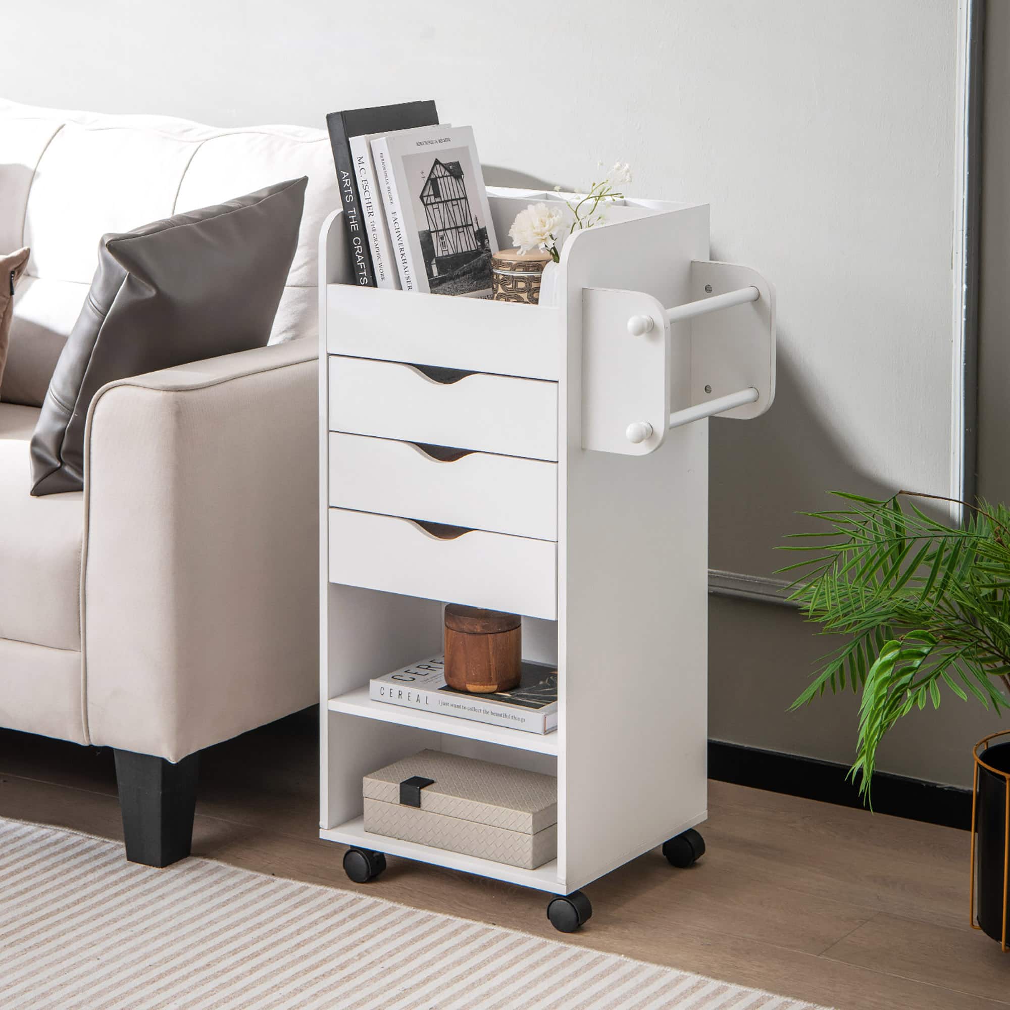 Gymax - Rolling Craft Storage Cart Wooden Utility Cart w/3 Drawers 3 Shelf&Slot 2 Dowels - White