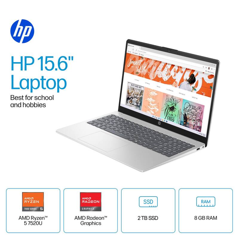 HP 15.6" Laptop  
Best for school and hobbies  

AMD Ryzen 5 7520U  
AMD Radeon Graphics  
2 TB SSD  
8 GB RAM