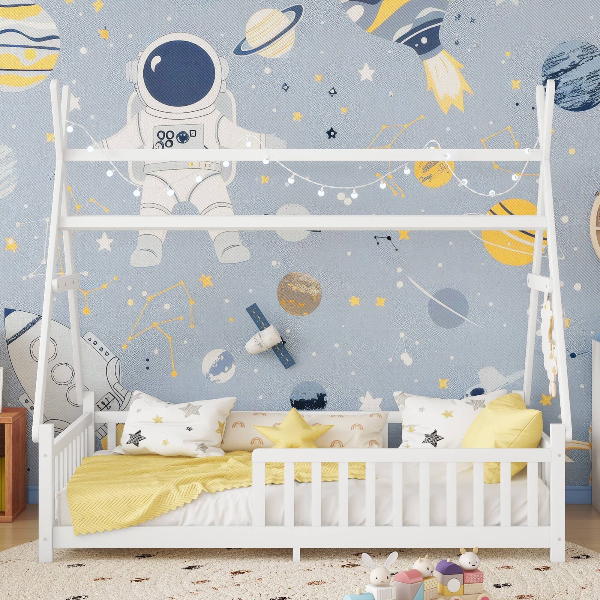 Left. GOODSILO - Charming Low Profile Twin House Bed with Removable Roof and Safety Fence for Children's Bedroom - White.