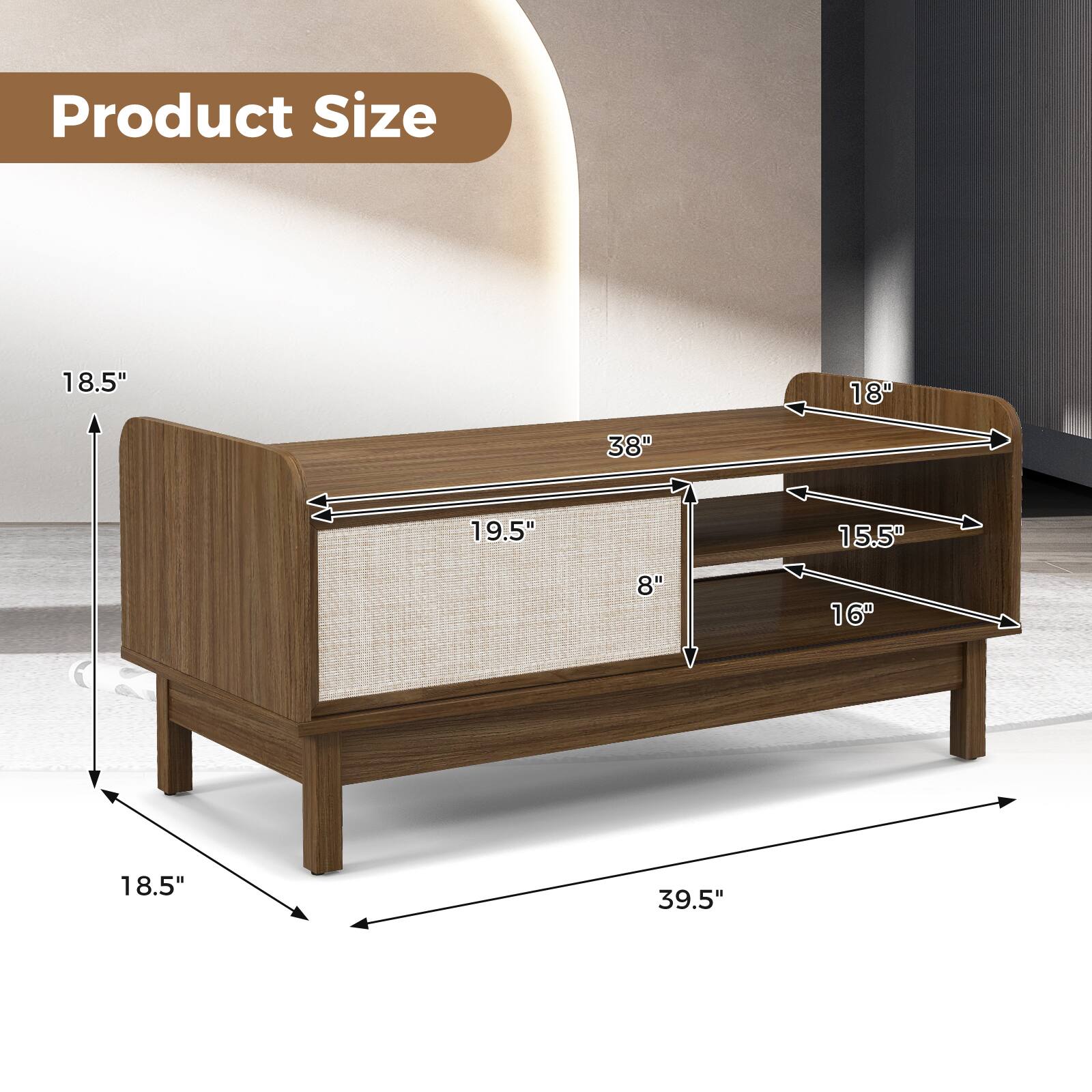 Product Size

- Height: 18.5"
- Width: 39.5"
- Depth: 18"
- Drawer Width: 38"
- Drawer Height: 16"
- Drawer Depth: 15.5"
- Drawer Front Height: 8"
- Drawer Front Width: 19.5"