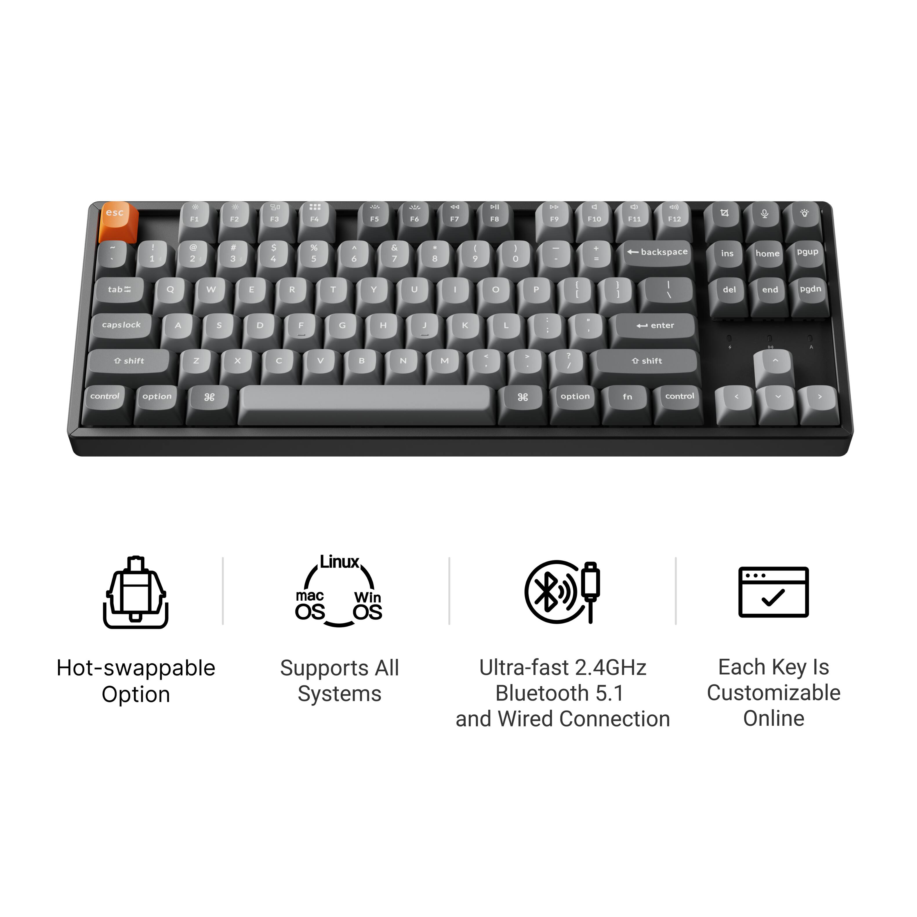 esc 1 . . Me 1. ... 14 1S M 1a .. 23 1 . D. 19 d 110 111 - 12 1 - 1 a J . 3 1 4 N 1 - & & 7 4  V I  . - backspace ns home Pgup tad a W - A 1 Y U - O F 1 - - 1 1 I el and ogdn caps lock o shire A Z 5 x D C - V d a H N 1 M x - - I 1 , 1 enter D shifs 1 . 1 . Conbrol option H SE option in contrul . Linux mac OS Win OS Hot-swappable Supports All Option Systems Ultra-fast 2.4GHz Each Key Is Bluetooth 5.1 Customizable and Wired Connection Online
