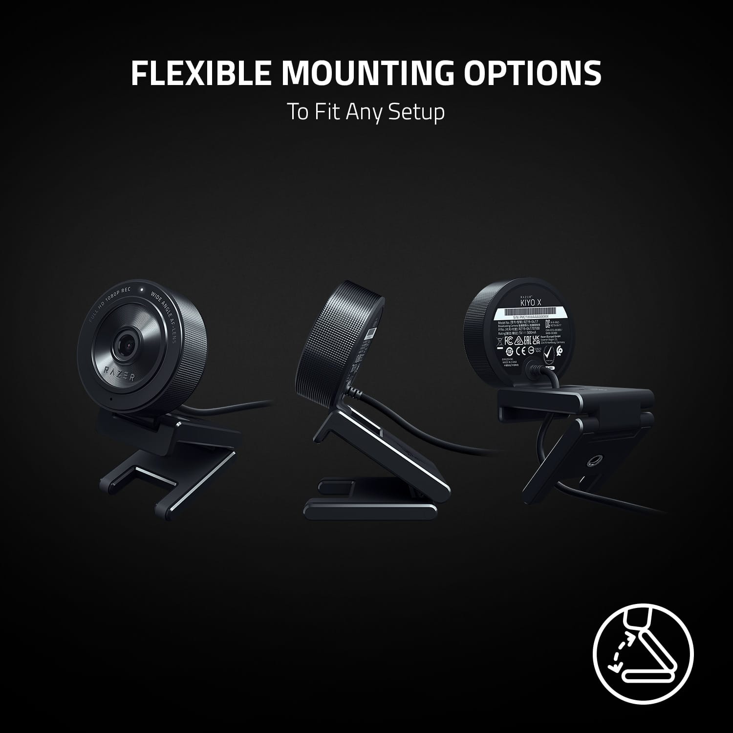 The text on the image reads: "FLEXIBLE MOUNTING OPTIONS TO FIT ANY SETUP."