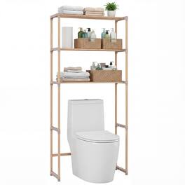 Gymax - Over The Toilet Storage Rack 3-Tier Pine Wood Bathroom Organizer w/ Open Shelves - Gray