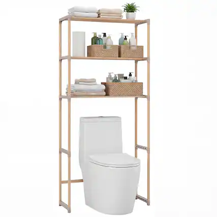 Front. Gymax - Gymax Over The Toilet Storage Rack 3-Tier Pine Wood Bathroom Organizer w/ Open Shelves - Gray.