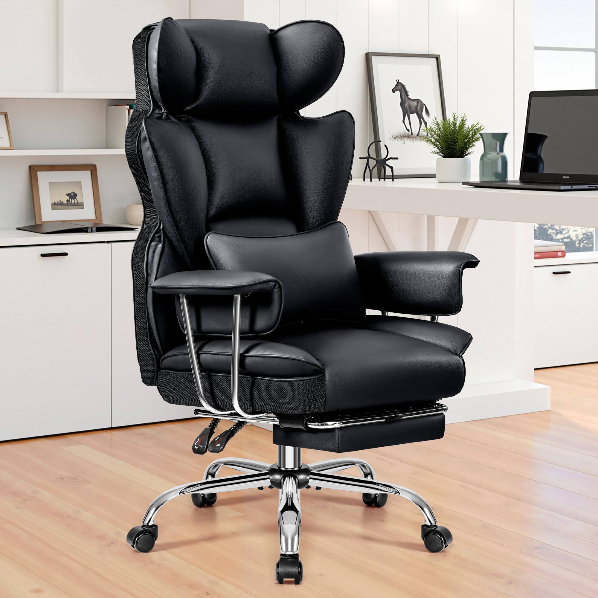 Alt View 7. Brick Attic - 500LBS Big & Tall Office Chair, Leather Gaming Chair with Footrest, Adjustable Height & Lumbar Support - Black - Black.
