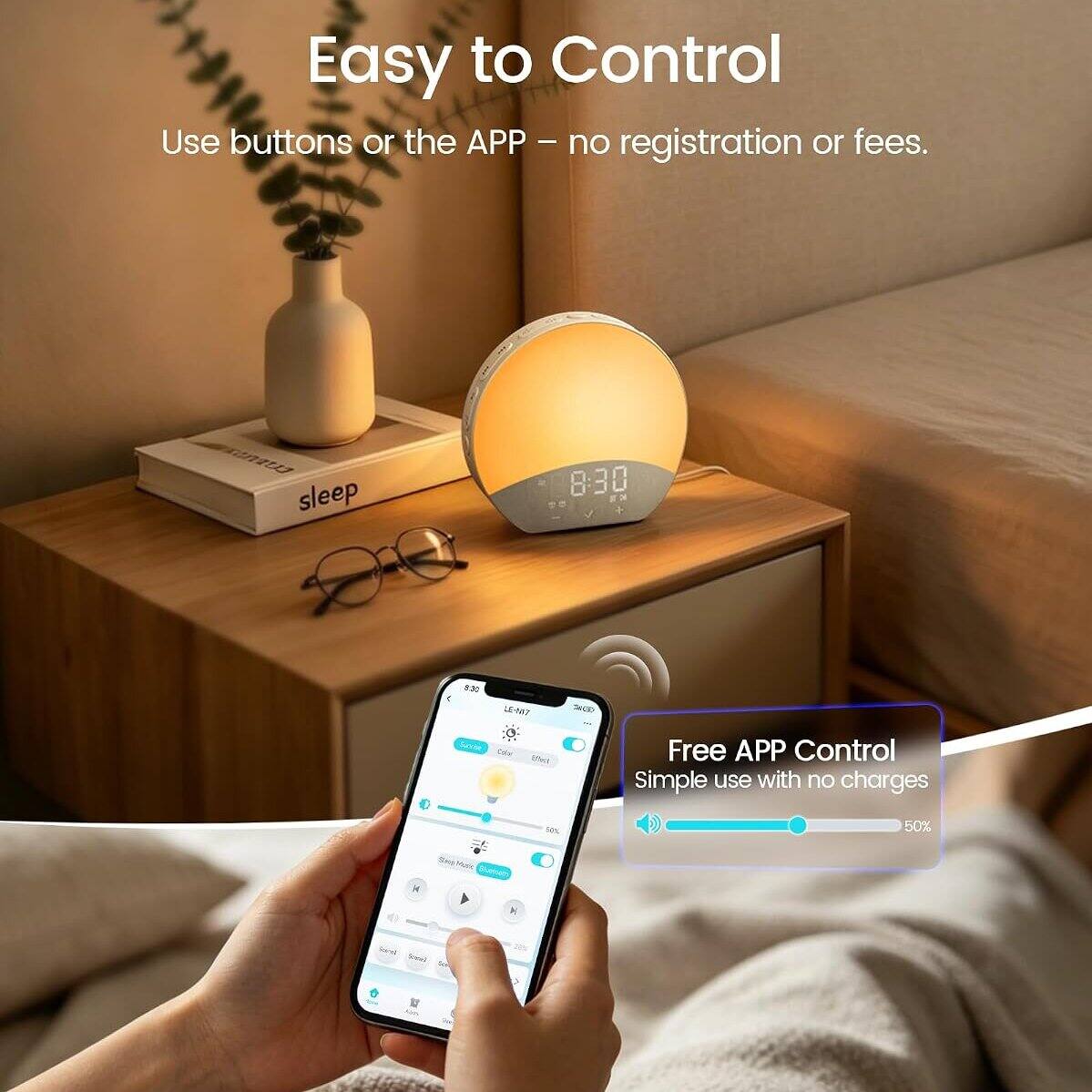 Easy to Control  
Use buttons or the APP - no registration or fees.  

CURNST sleep  
8:30 NON  
$30  
LE-NAT  
SECO  
Suncide Color  
Ufters  

Free APP Control  
Simple use with no charges  
50%  
50%  
Sea  
K  
ked Social Son  
Kiddy
