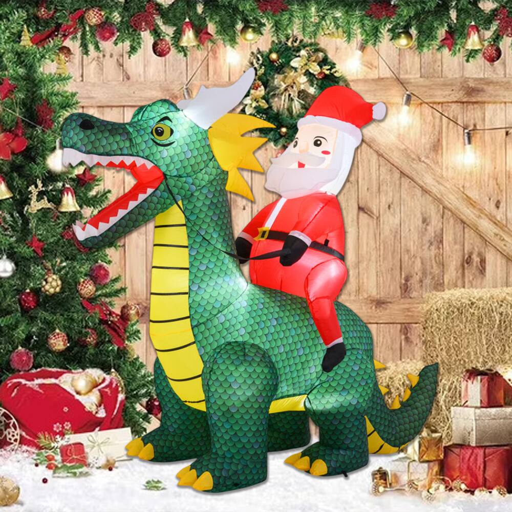 BreeBe - 6.7FT Lighted Inflatable Santa Riding Dinosaur Christmas Decoration with Built-In LED Lights - Green