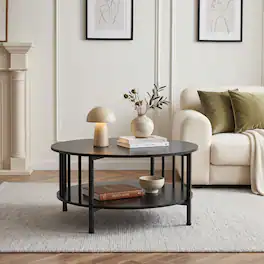 WELLFOR - 2-Tier Round Coffee Table with Storage Shelf ,Modern Center Table Cocktail Tea Table for Living Room - Black