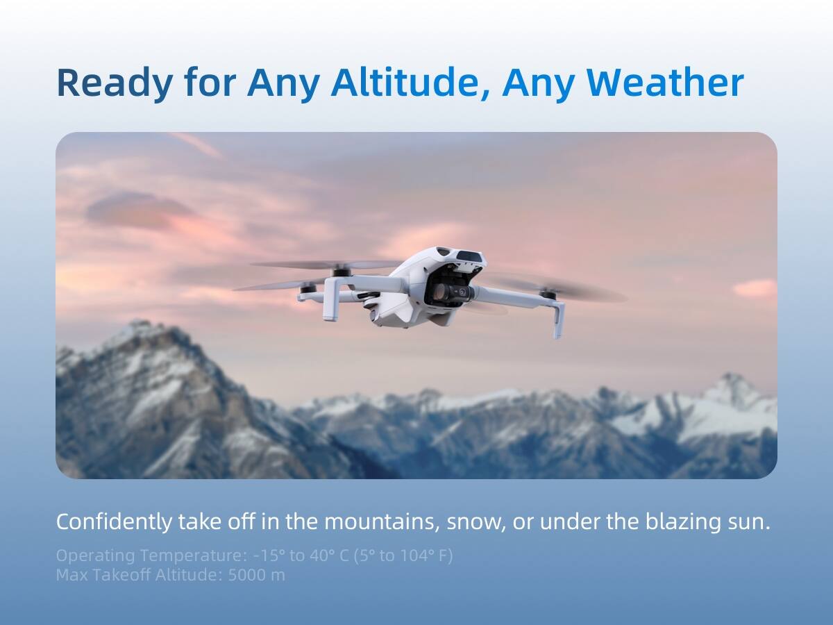 Ready for Any Altitude, Any Weather

Confidently take off in the mountains, snow, or under the blazing sun.

Operating Temperature: -15 to 40°C (5 to 104°F)

Max Takeoff Altitude: 5000 m