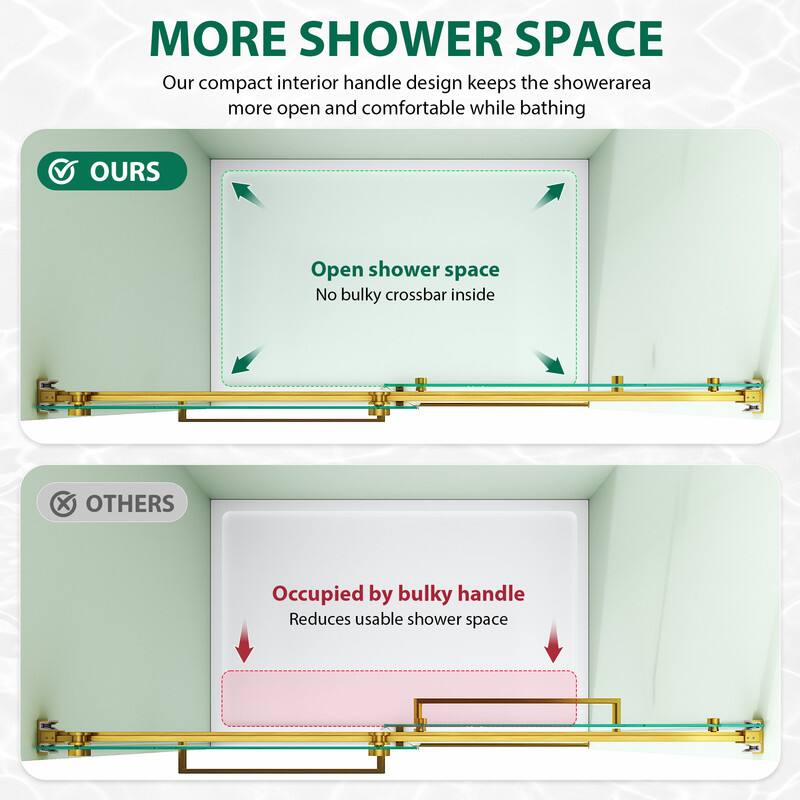 MORE SHOWER SPACE  
Our compact interior handle design keeps the shower area more open and comfortable while bathing  

OURS  
Open shower space  
No bulky crossbar inside  

OTHERS  
Occupied by bulky handle  
Reduces usable shower space