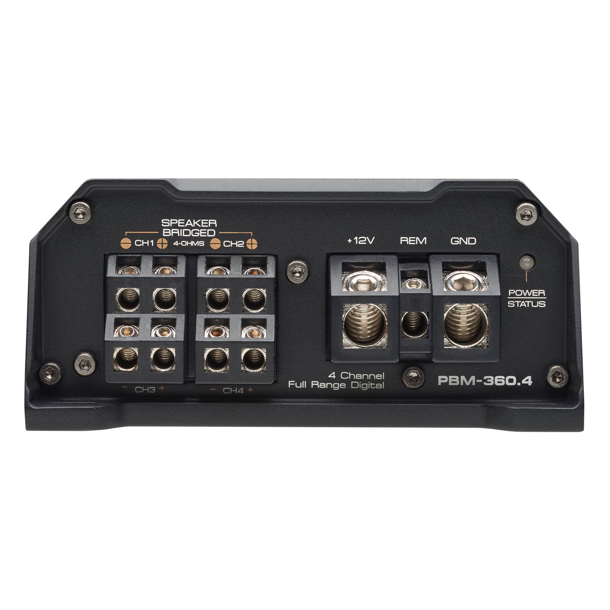 SPEAKER BRIDGED  
CH1 4-OHMS CH2  

+12V REM GND  
POWER STATUS  

4 Channel Full Range Digital  
PBM-360.4  

CH3 +  
CH4 +