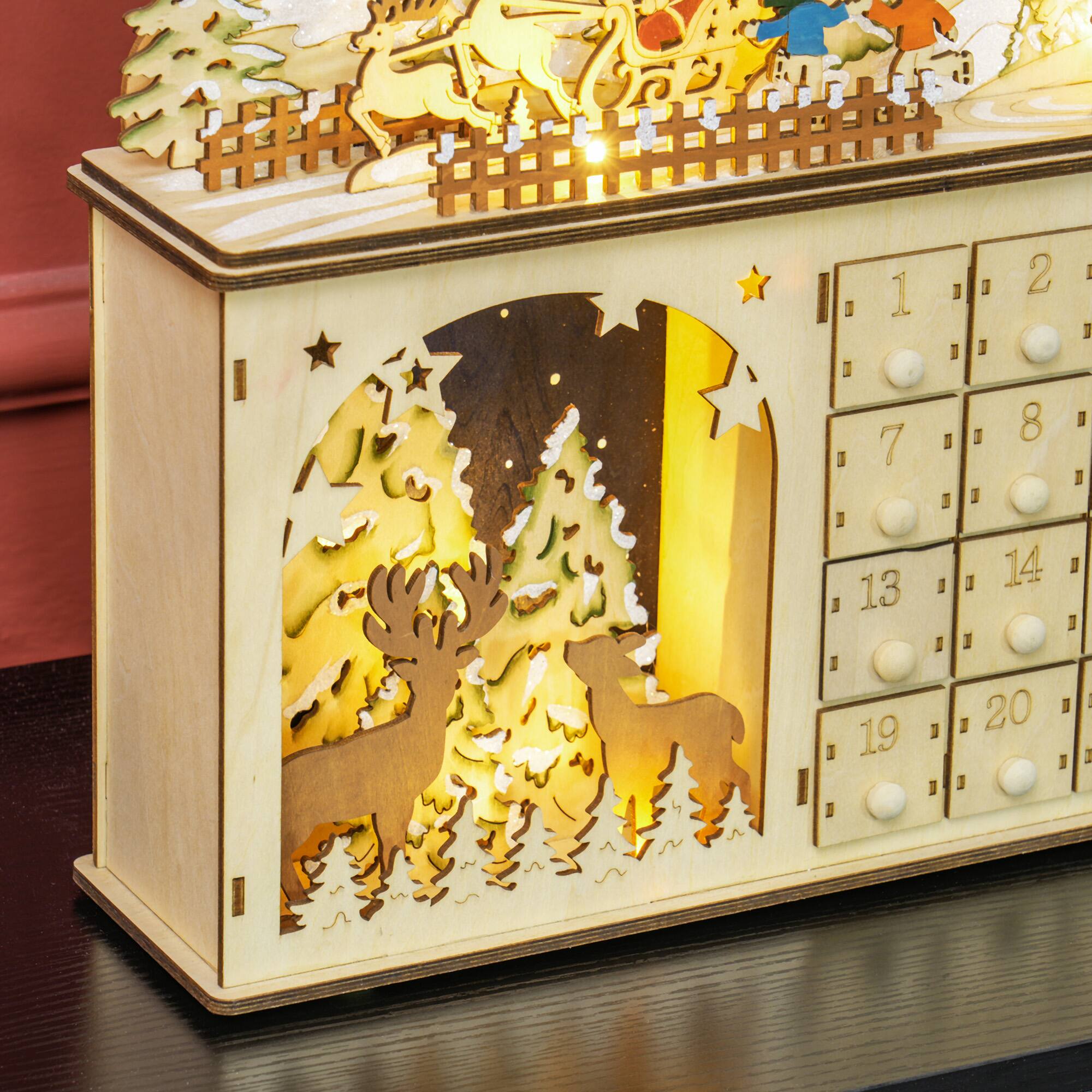 Alt View 8. Homcom - Christmas Advent Calendar, Light Up Wooden Countdown Calendar w/ 24 Drawers & LEDs - Natural Wood.