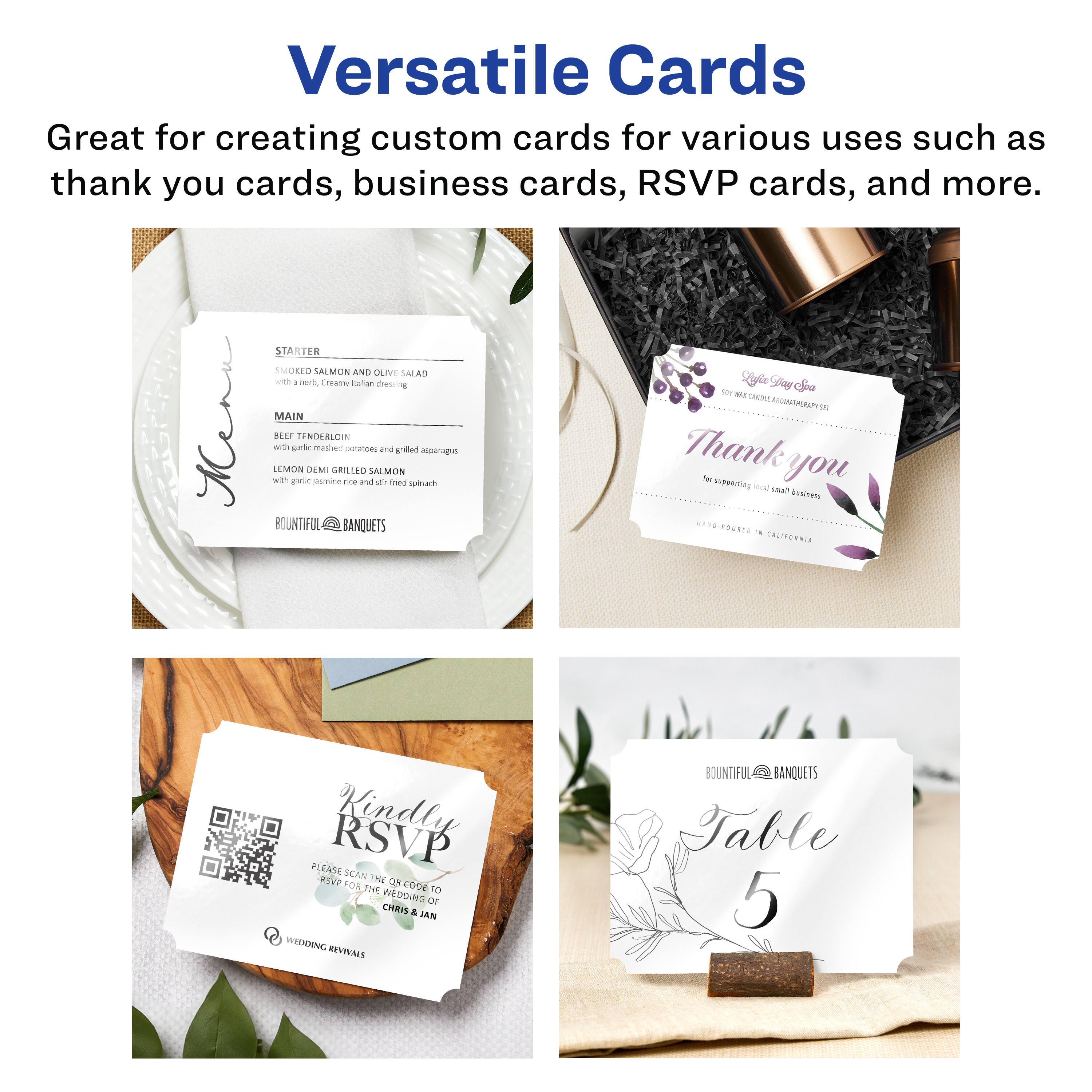 Versatile Cards  
Great for creating custom cards for various uses such as thank you cards, business cards, RSVP cards, and more.

Menu  
STARTER  
SMOKED SALMON AND OLIVE SALAD  
- 1 Cntaringe matian detn

MAIN  
BEEF TENDERLOIN  
- with garlic mashed potatoes and grilled asparagus

LEMON DEMI GRILLED SALMON  
- with garlic jus and sautéed spinach

BOUNTIFUL BANQUETS

Thank you  
for supporting small businesses  
HAND POURED IN CALIFORNIA

Kindly RSVP  
PLEASE SCAN THE QR CODE TO RSVP FOR THE WEDDING OF  
CHRIS & JAN  
WEDDING REVIVALS

Table 5  
BOUNTIFUL BANQUETS