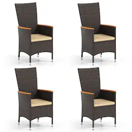 Costway - Patio Rattan Chairs Set of 4 with High Backrest & Acacia Wood Armrests, Cushion - Black,Gray