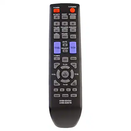 POWER TV POWER SAT MUTE SMART 3D SOUND
VOLUME + + + VOLUME S/W LEVEL AUDIO SYNC
SOUND EFFECT C TV VOL SOURCE TV CH TV INFO
TV EXIT TV PRE-CH REPEAT TV CH TV INFO
TV VOL TV MUTE TV VOL OIMMER TV CH AUTO POWER
SPEAKER SoundShare DRC
AH59-02434A AH59-02547B