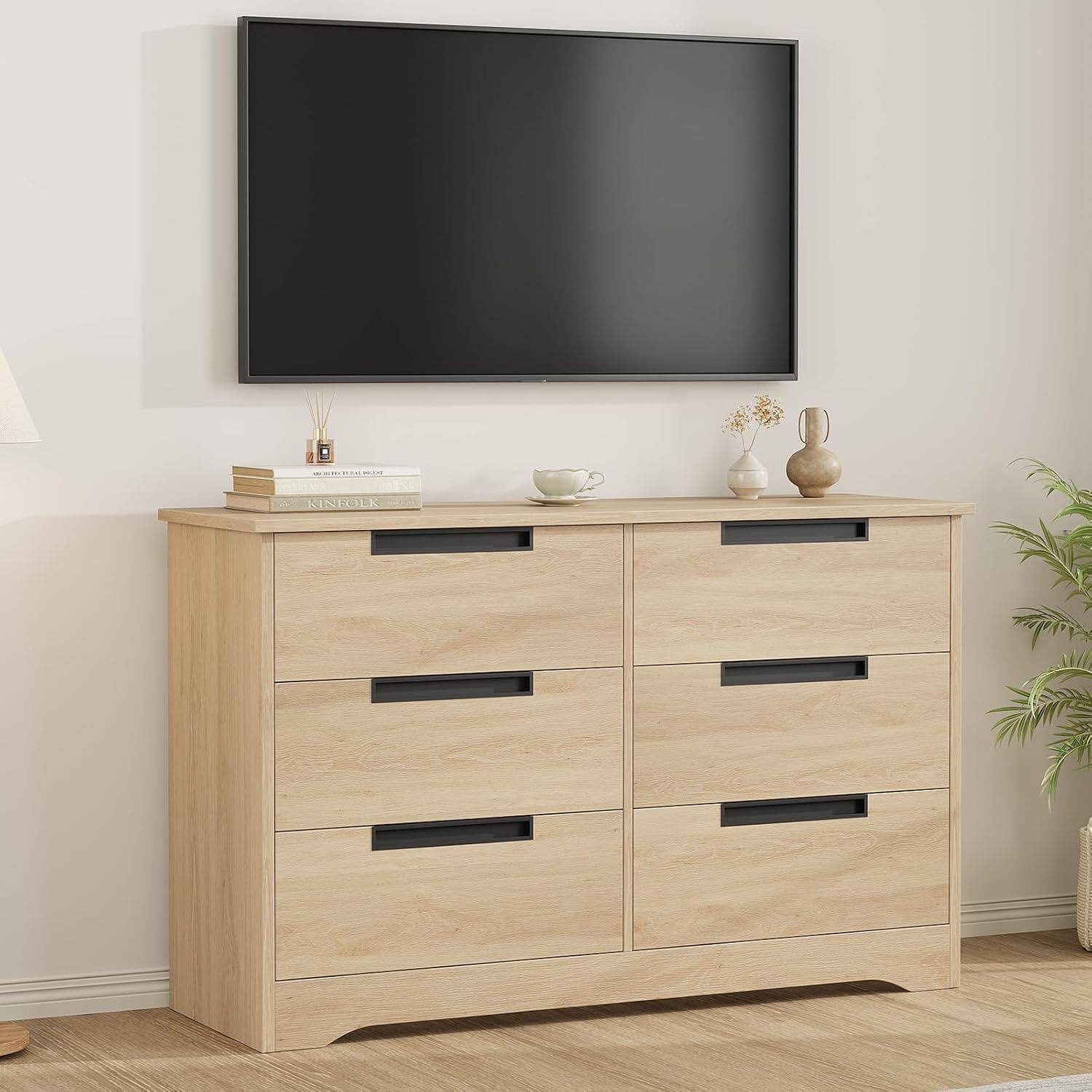 Back. GARVEE - 6 Drawer Dresser for Bedroom, Natural Modern Double Dresser Organizer with Embedded Handles Design - ‎Natural.