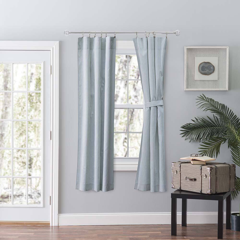 Angle. Ellis Curtain - Ellis Curtain Plaza Classic Ticking Stripe Printed on Natural Ground 3" Rod Pocket Tailored Panel Pair 56" x 63" Blue - Blue.