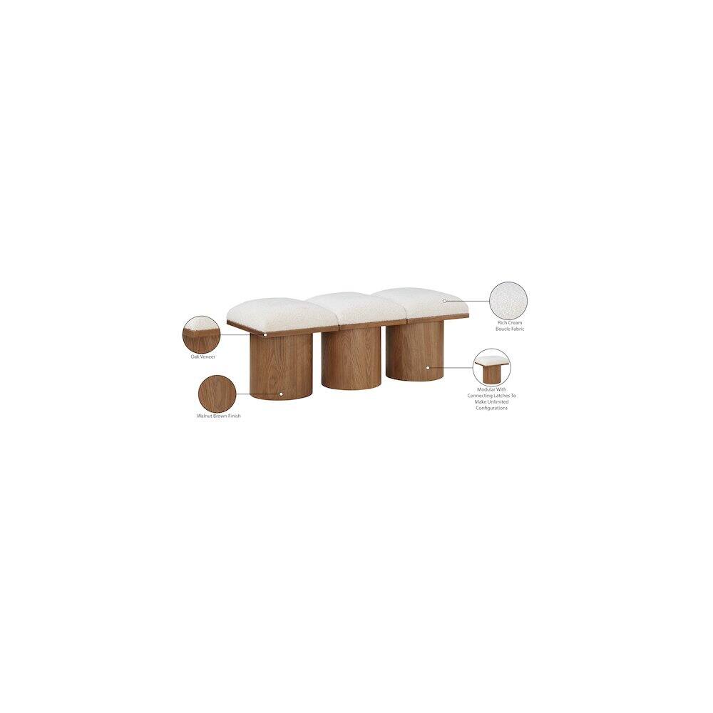 - Walnut Brown Finish
- Oak Veneer
- Cream Boucle Fabric
- Modular with Connecting Latches to Various Configurations