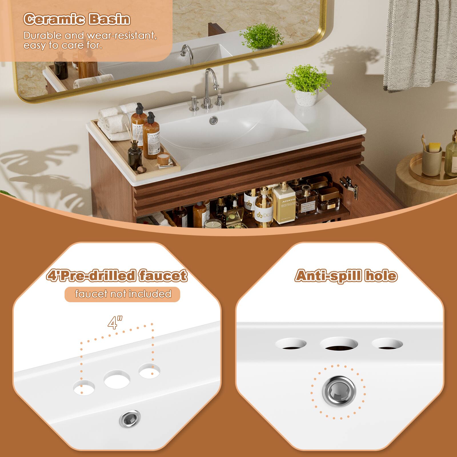 Ceramic Basin Durable and wear-resistant, easy to care for. 4Pre-drilled faucet faucet not included Anti-spill hole 4"