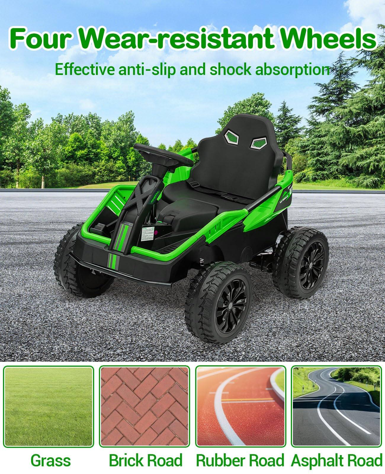 Four Wear-resistant Wheels  
Effective anti-slip and shock absorption  

Grass  
Brick Road  
Rubber Road  
Asphalt Road