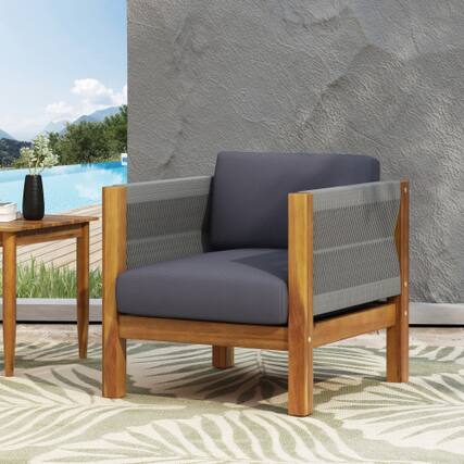 Front. Siljoy - OUTDOOR CLUB CHAIR (Set of 2), Acacia Wood Brown Patina with Cream Cushion - Teak.