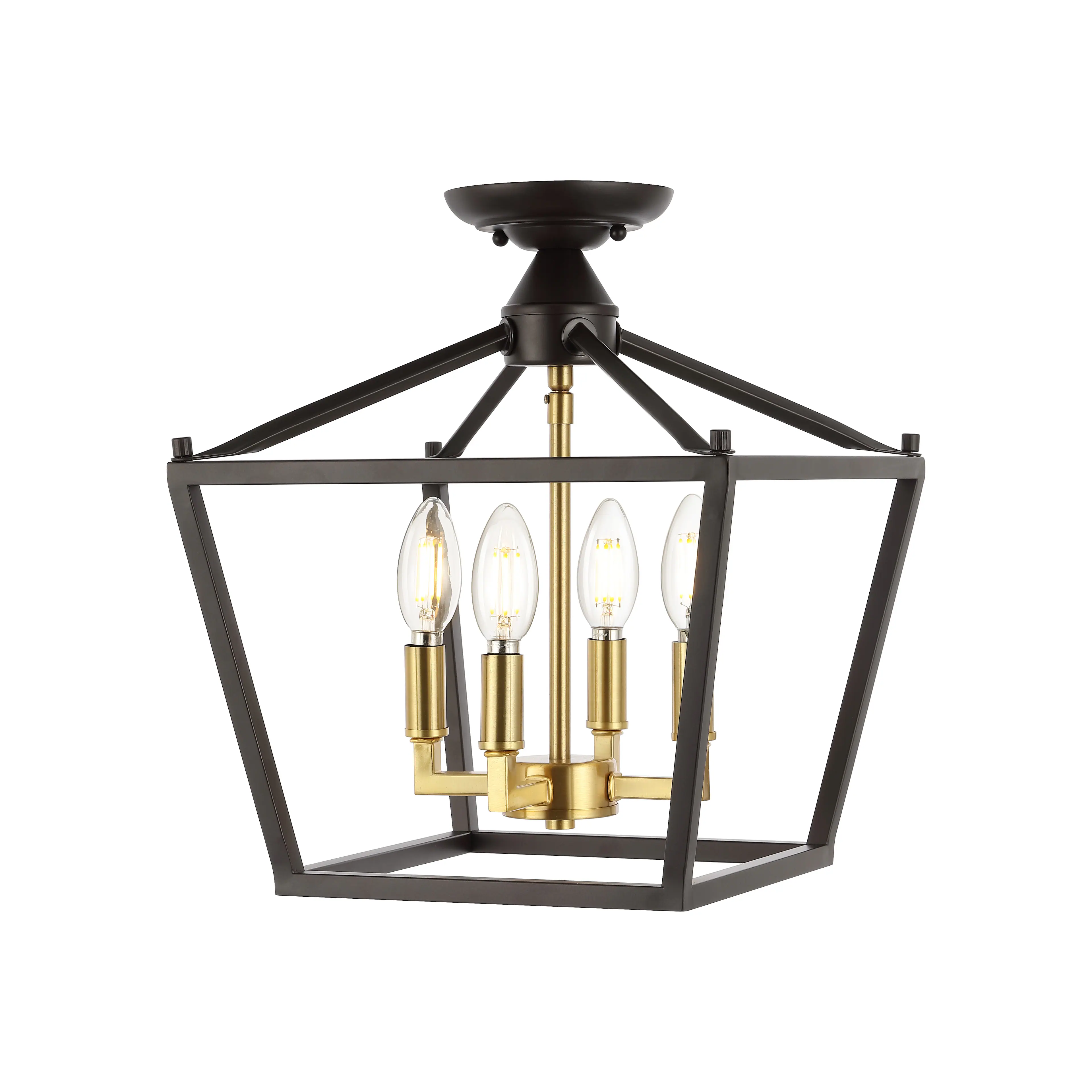 Jonathan Y - Plains 12" 4-Light Modern Metal Open-Frame Pagoda LED Semi Flush Mount Mini Lantern - Oil Rubbed Bronze/Brass Gold