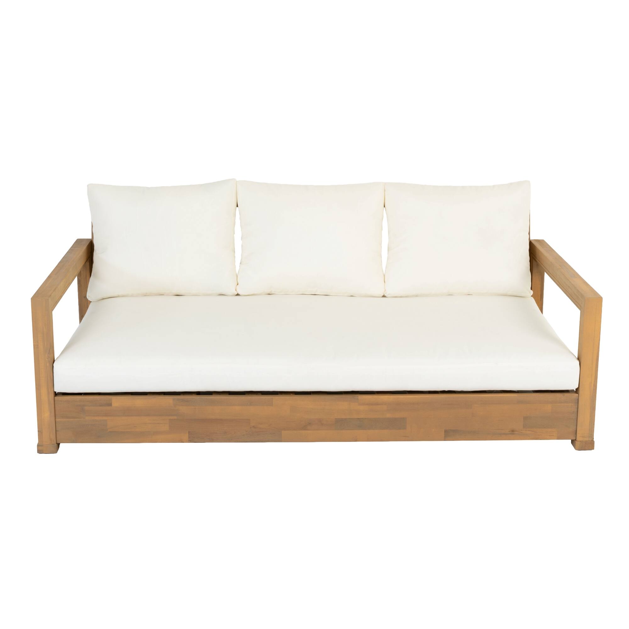 Back. Whisen - 67.5" W Outdoor 3-Seater Sofa, Acacia Wood Patio Daybed with Thick Cushions & Adjustable Foot Pads - Teak|Beige.