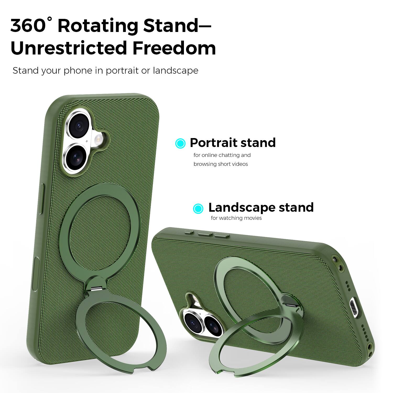 360° Rotating Stand—Unrestricted Freedom

Stand your phone in portrait or landscape

Portrait stand for online chatting and browsing short videos

Landscape stand for watching movies