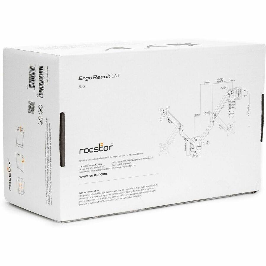 ErgoReach EW1  
Black  

rocstor  

Technical support is available to all the registered users of Rocstor products.  
Technical Support / RMA  
Tel: +1 (888) 7200-0000 (National T)  
Tel: +1 (888) 875-0022 (International)  
Email: support@rocstor.com  
Fax: +1 (888) 875-0022  
Hours: 9:00 - 5:00 (Monday to Friday)  

www.rocstor.com  

Warranty Information  
This product is backed by a four-year warranty. The warranty covers defects in materials and workmanship. If you find a defect in the product, you may return it for repair or replacement with equivalent or better product. The warranty covers parts and labor. During the period of the warranty, Rocstor will repair or replace the product at its discretion. The warranty covers parts and labor.  

This product is backed by a four-year warranty. The warranty covers defects in materials and workmanship. If you find a defect in the product, you may return it for repair or replacement with equivalent or better product. The
