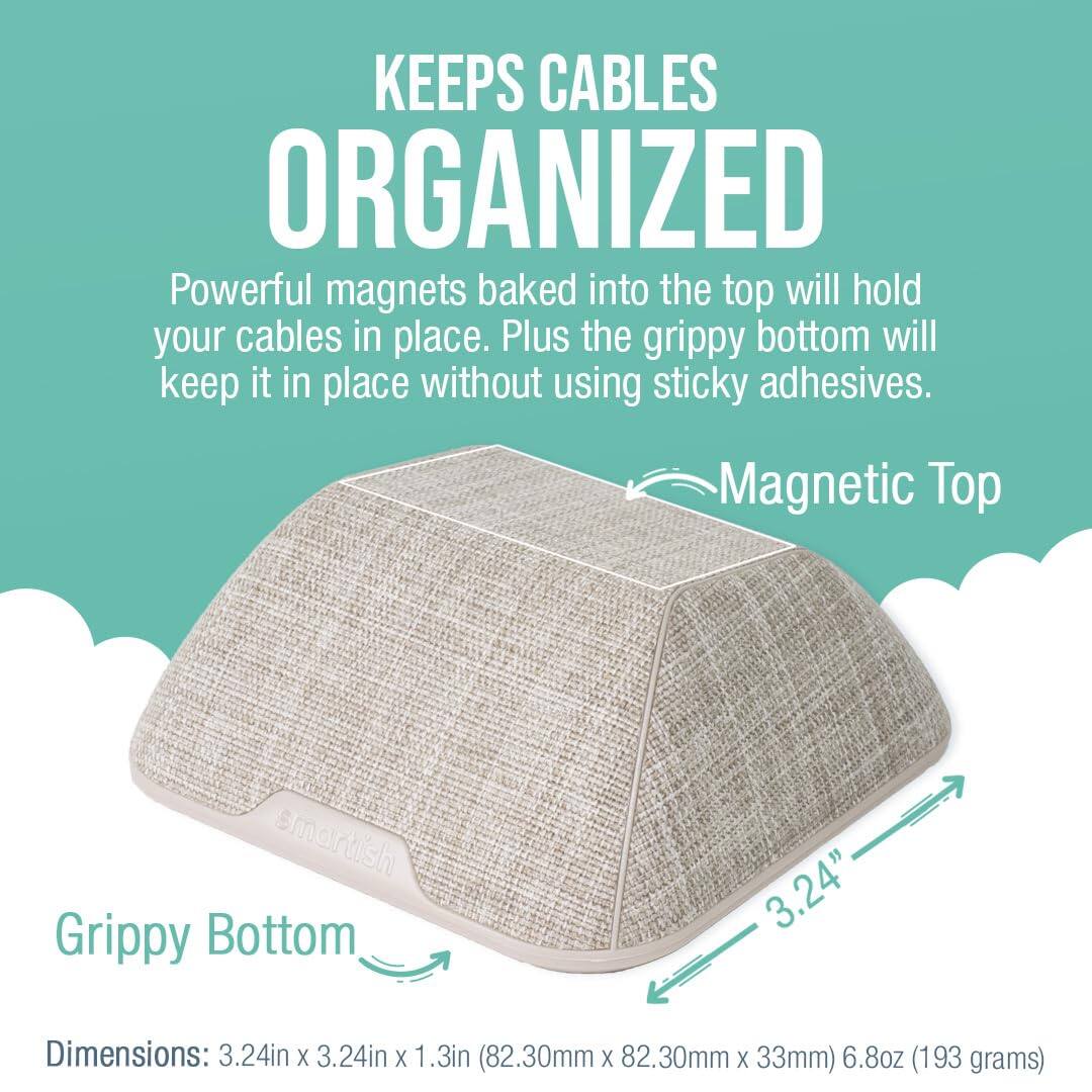 KEEPS CABLES ORGANIZED

Powerful magnets baked into the top will hold your cables in place. Plus the grippy bottom will keep it in place without using sticky adhesives.

Magnetic Top  
Grippy Bottom

Dimensions: 3.24" x 3.24" x 1.3" (82.30mm x 82.30mm x 33mm)  
6.8oz (193 grams)