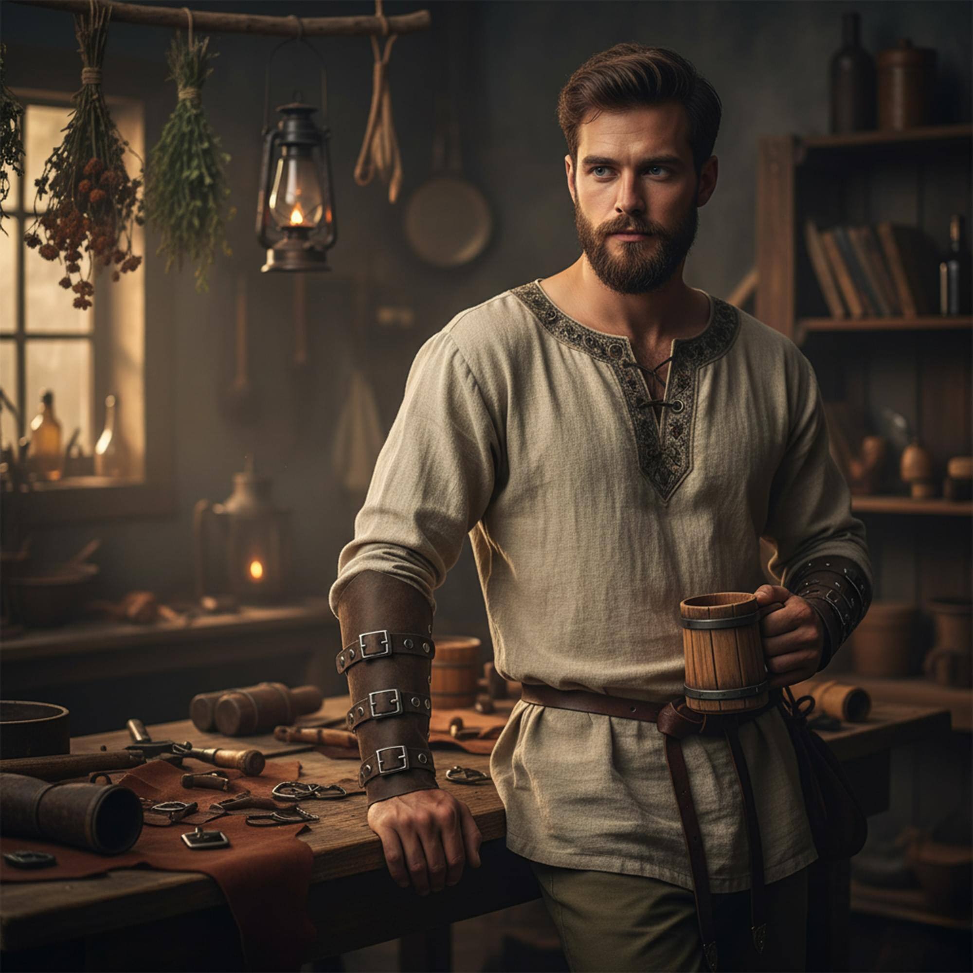 Alt View 1. Underwraps - Medieval Faux Leather Adult Costume Arm Cuffs - Black.