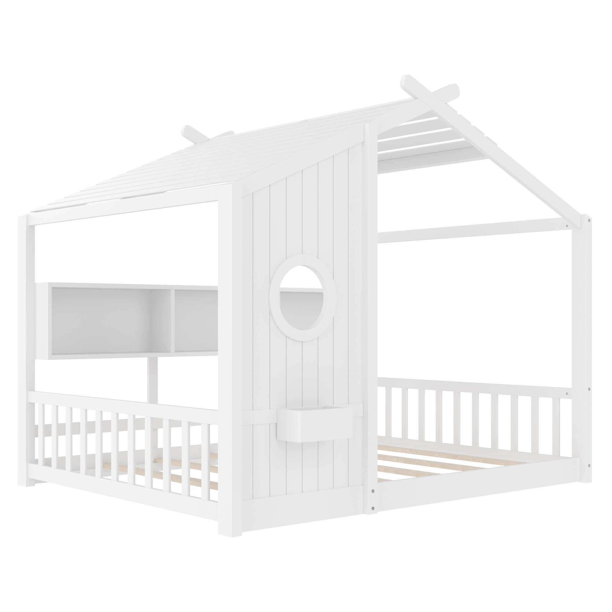 Alt View 2. GOODSILO - Montessori Floor House Bed for Toddlers with Storage Shelf and Playhouse Roof Design - White.