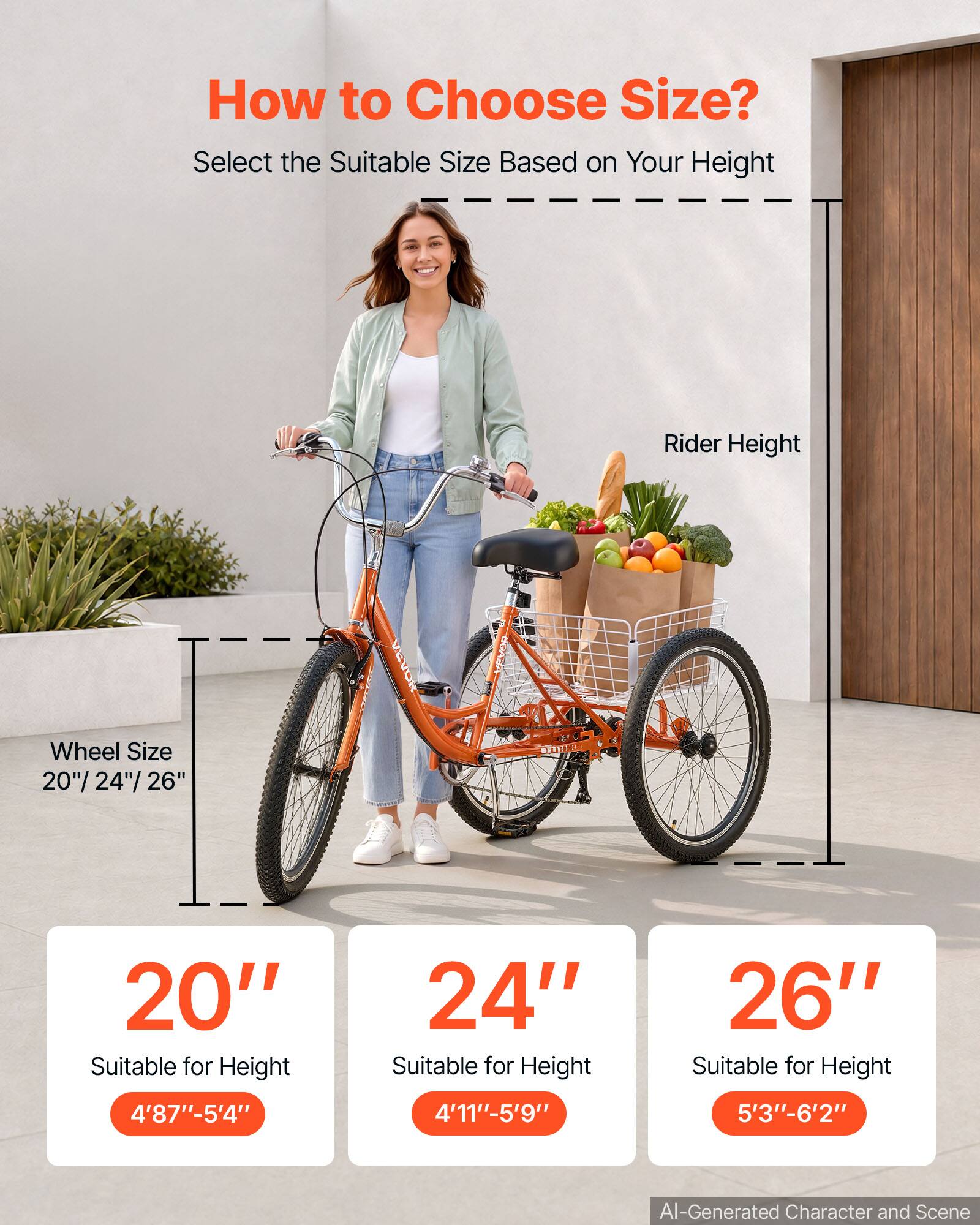 How to Choose Size?  
Select the Suitable Size Based on Your Height  

Wheel Size: 20"/24"/26"  

20"  
Suitable for Height: 4'8" - 5'4"  

24"  
Suitable for Height: 4'11" - 5'9"  

26"  
Suitable for Height: 5'3" - 6'2"  

AI-Generated Character and Scene