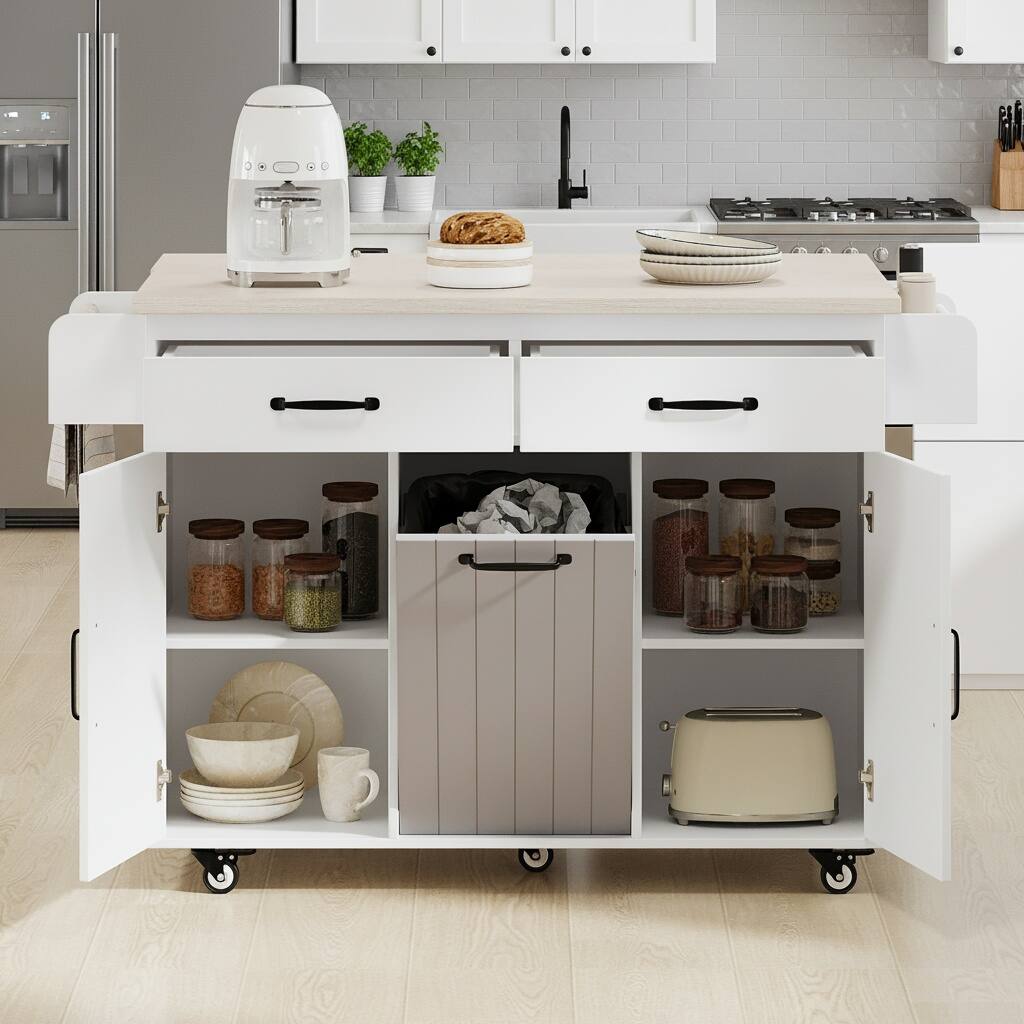 Left. Forest'nSky - Kitchen Island with Trash Can Storage & Drop Leaf – Rolling Cart with Spice Rack, Towel Rack, White - White.