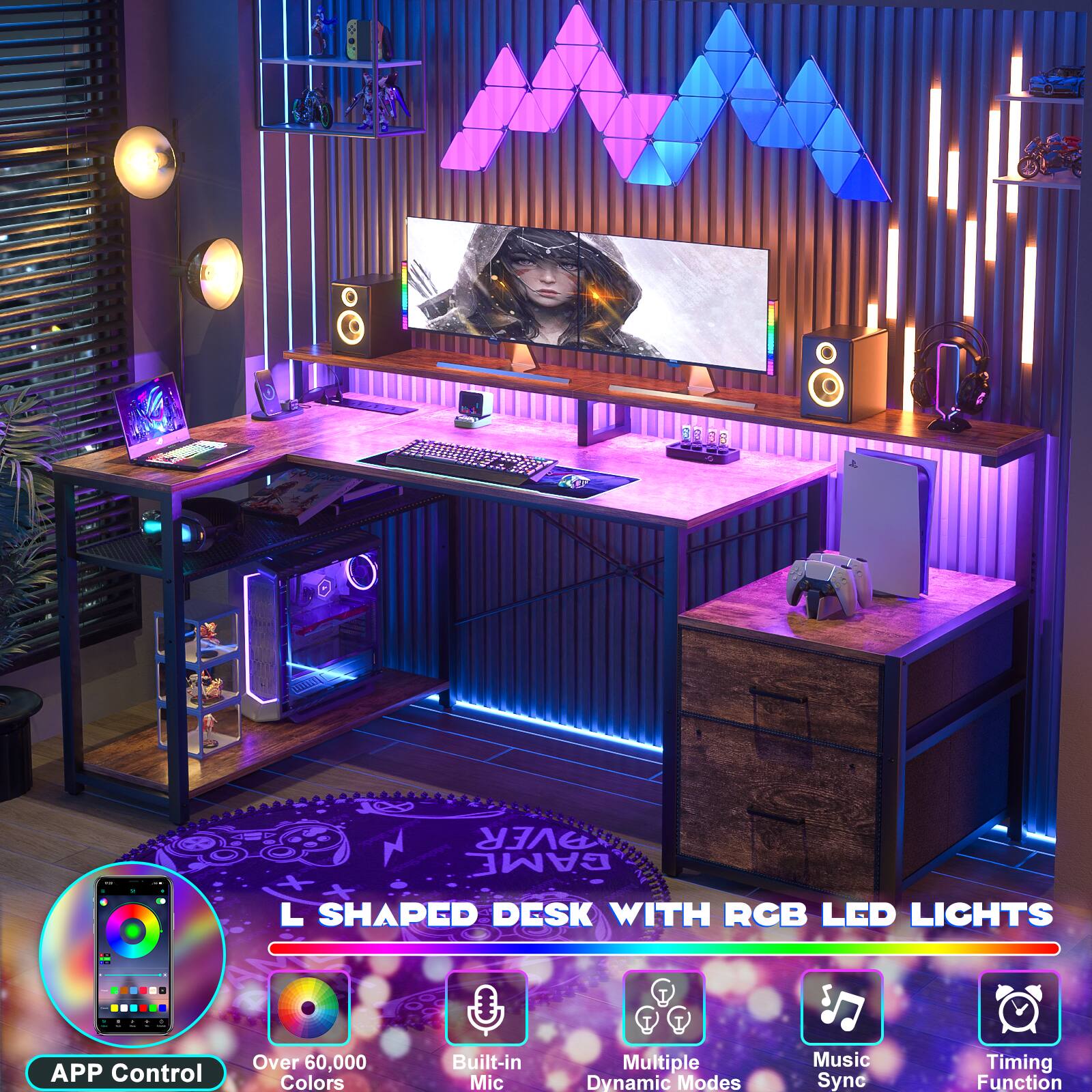 L Shaped Desk with RGB LED Lights

- APP Control
- Over 60,000 Colors
- Built-in Mic
- Multiple Dynamic Modes
- Music Sync
- Timing Function