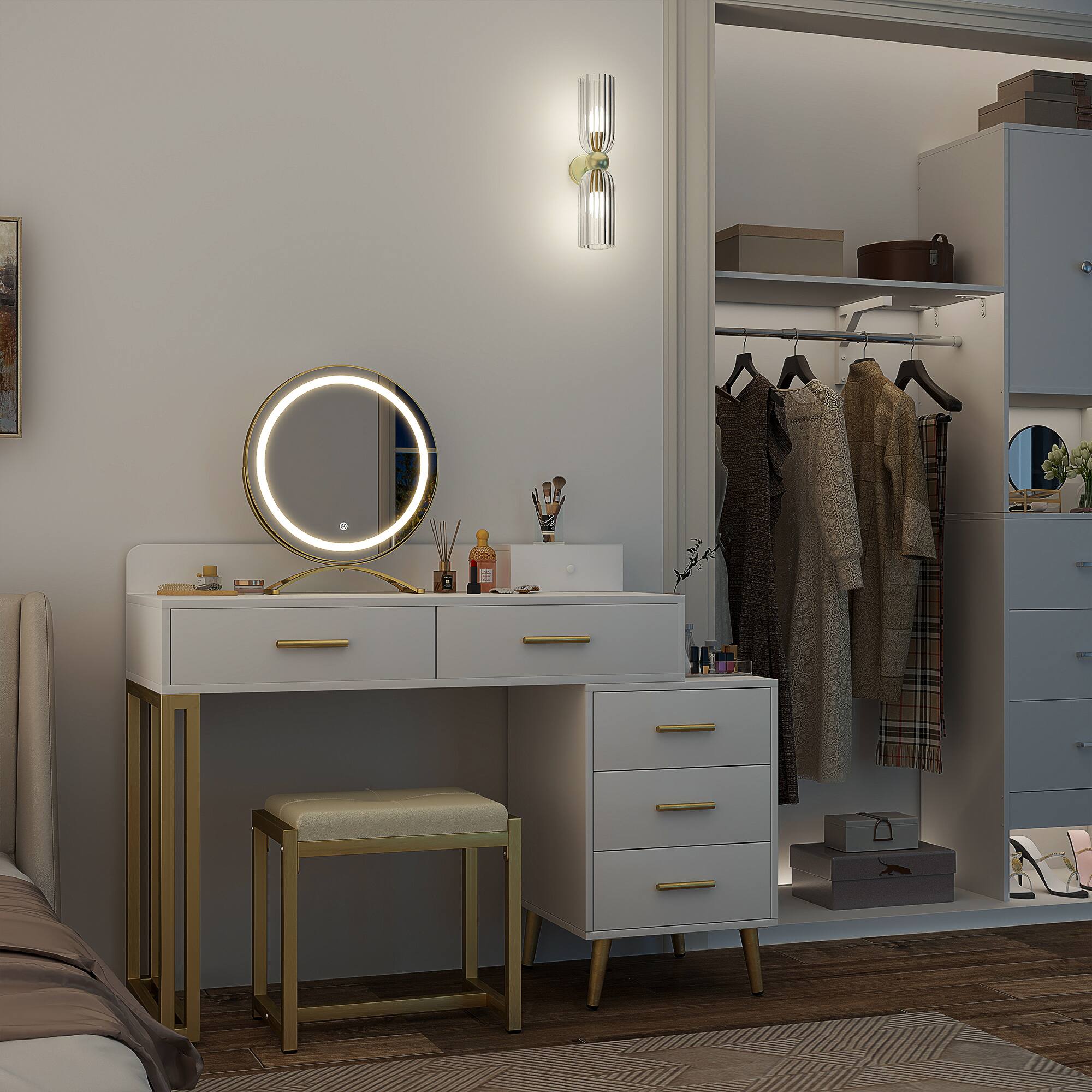 Angle. Aheaplus - Modern Vanity Desk with LED Mirror & 6 Drawers - Includes Cushioned Stool & Organizers for Bedroom - White.