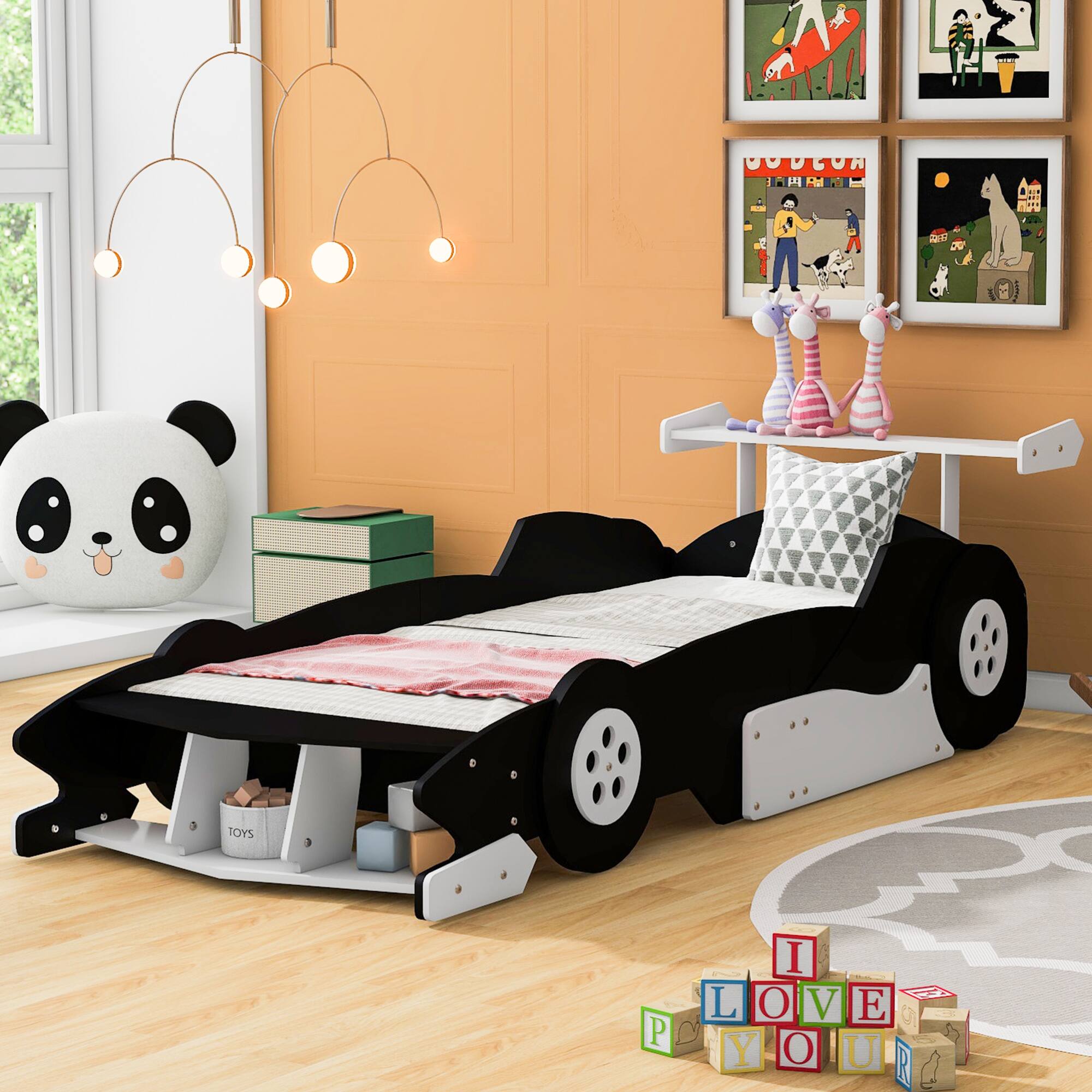 Angle. GOODSILO - Twin Size Youth Race Car Themed Platform Bed with Side Rails and Decorative Wheels - Black.